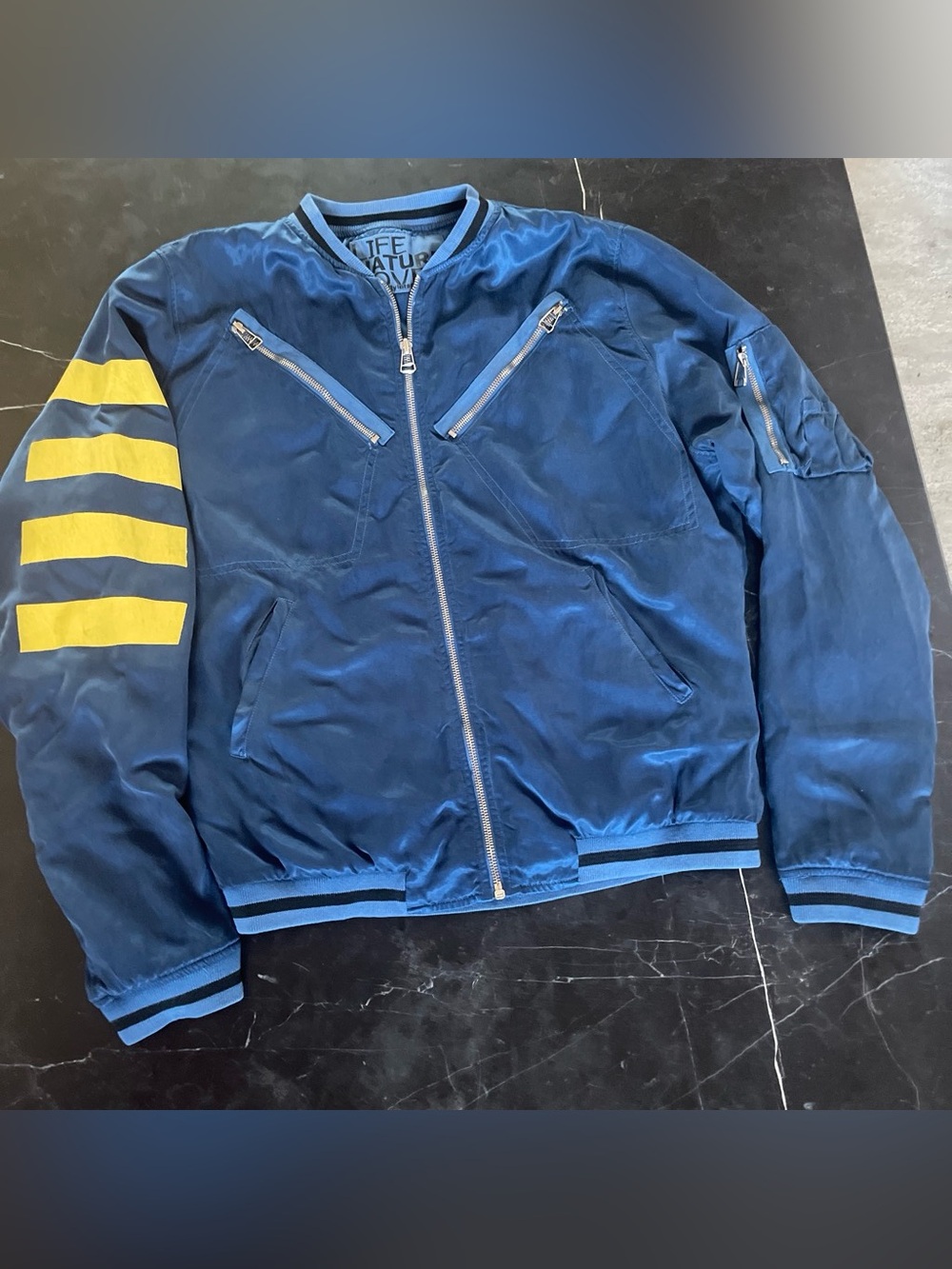 freecity Navy Bomber Jacket with Yellow Sleeve Stripes